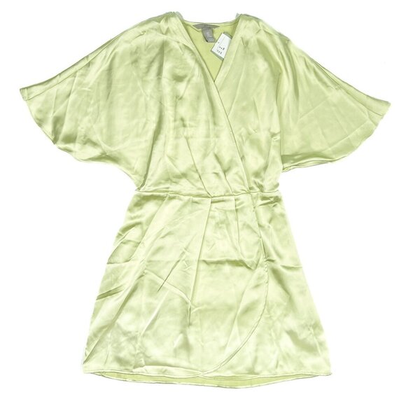 H&M Satin Wrap-Front Mini Dress Recycled Polyester Lime Green-Yellow Sz S - NWT - Picture 3 of 8